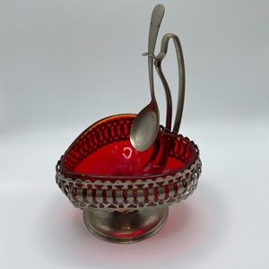 Heart Shaped Antique Sugar Bowl with Spoon